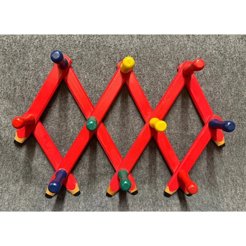 Vintage Pencil Accordion Wall Rack Wood Expandable 10 Peg Coat Hat Hanger Red